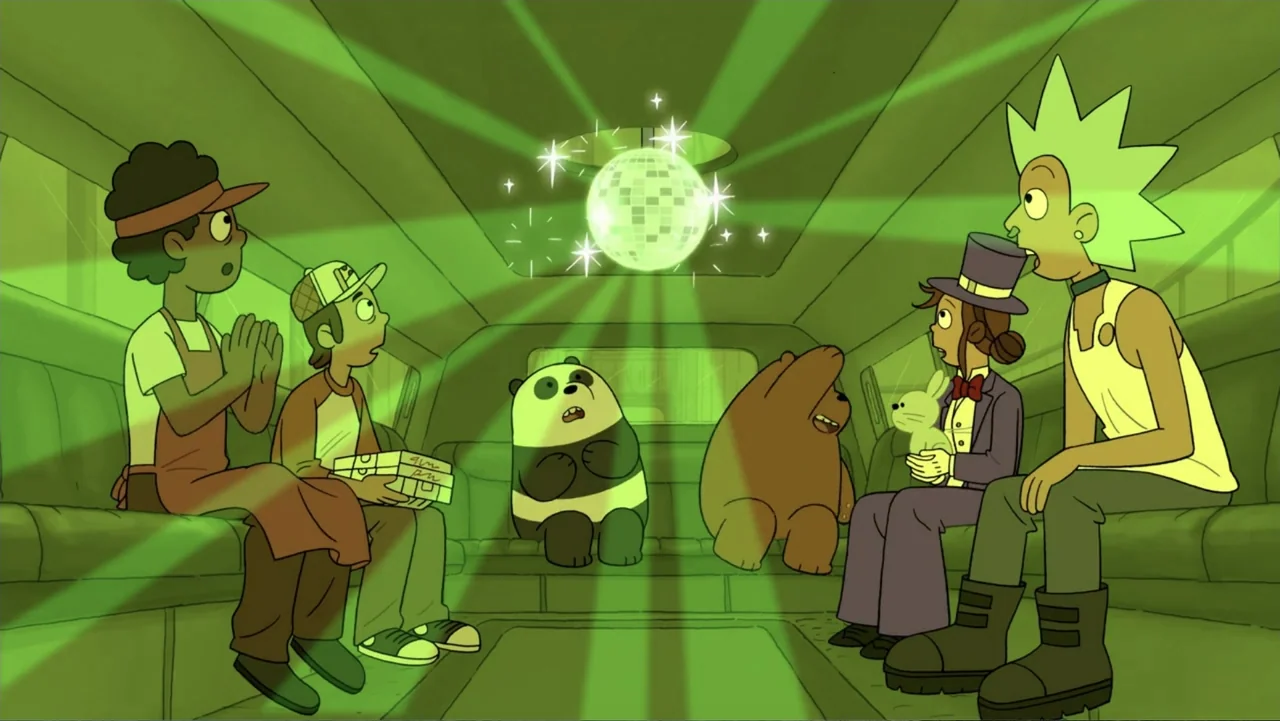 Cartoon Network: Animated Through the Years (2022) movie still: medium — A group of animated characters sits on leather benches inside a lit…