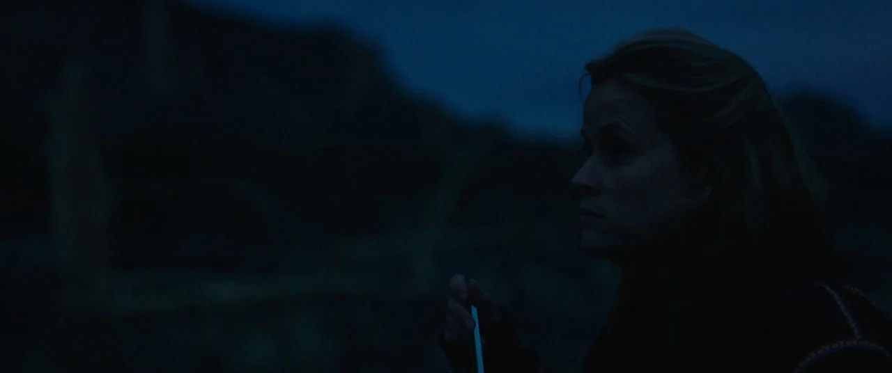 Wild (2014) movie still: closeup — A woman stands in a dark, rural exterior at night with blurred hills behind. She is looking to the left and…