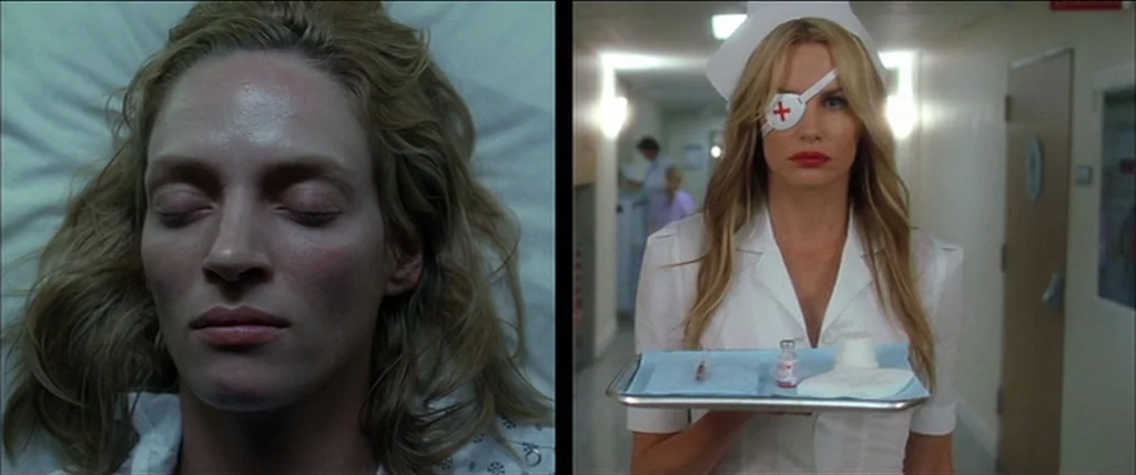 Kill Bill Vol. 1 (2004) movie still: medium — A split screen shows a patient sleeping in bed and a nurse walking nearby. The nurse carries a medical…