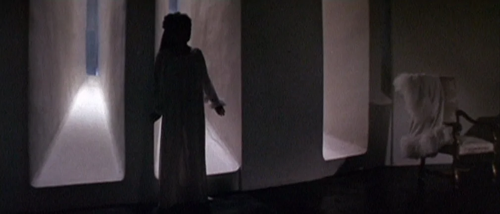 Boom! (1968) movie still: fullbody — A dark, minimally furnished room features walls with deep vertical rectangular recesses. A woman in a long robe…