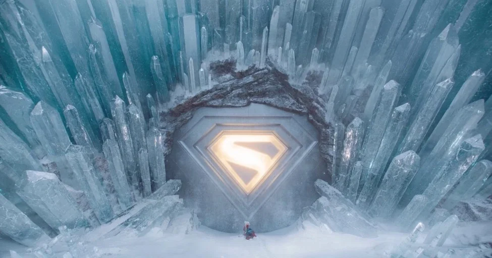 Superman (2025) movie still: wide — A vast cavern is filled with towering translucent crystalline structures rising from a snow-covered floor. A…