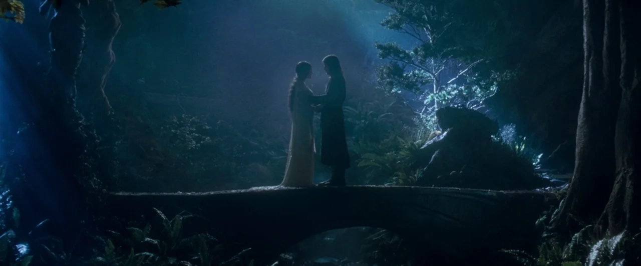 The Lord of the Rings: The Fellowship of the Ring (2001) movie still: wide — Two figures stand together on a stone bridge surrounded by dark, dense…