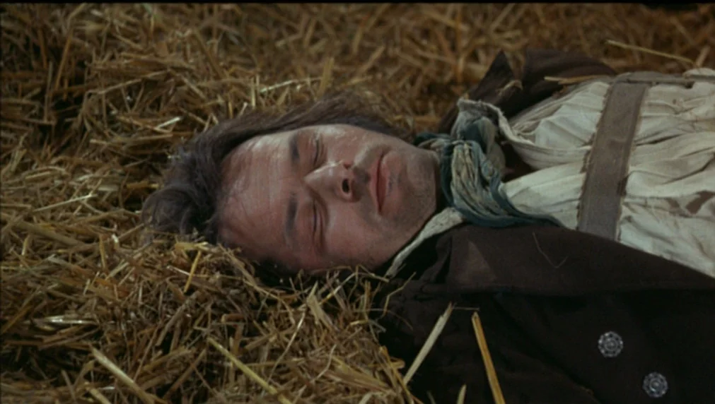 The Enigma Of Kaspar Hauser (1974) movie still: closeup — A man lies on his back within a pile of loose dry straw. He rests his head partially in…