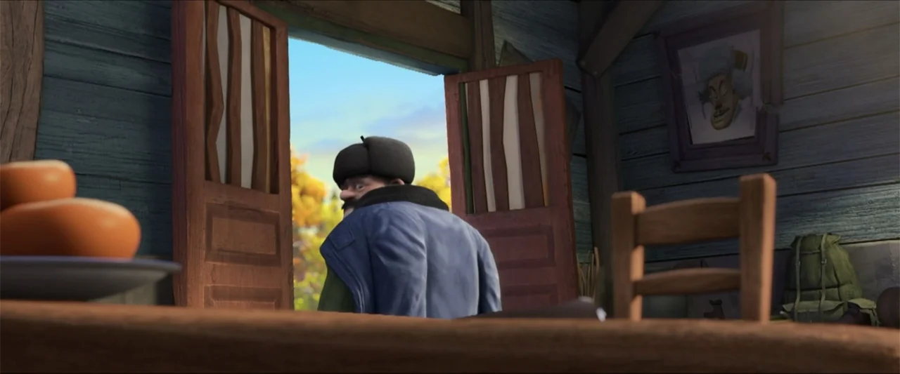 Boonie Bears: The Big Shrink (2018) movie still: medium — A rustic cabin interior features wood paneled walls with a framed picture and backpack. A…