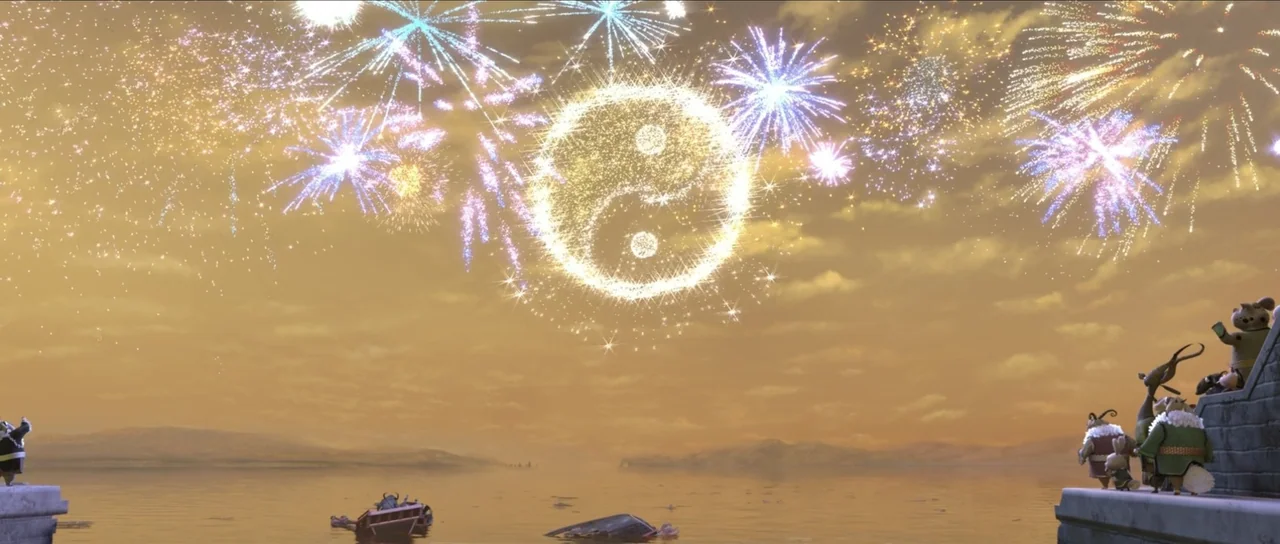 Kung Fu Panda 2 (2011) movie still: wide — A stone pier overlooks a calm body of water under a twilight sky. Several anthropomorphic animal…
