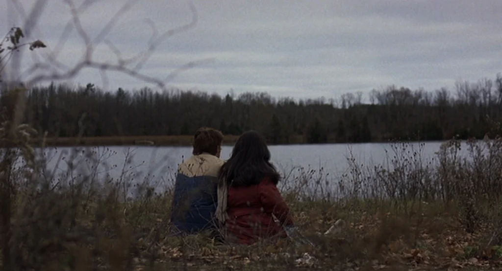 Lars And The Real Girl (2007) movie still: wide — An overcast autumn landscape with dry weeds and a dark lake. Two teenagers sit on the ground…