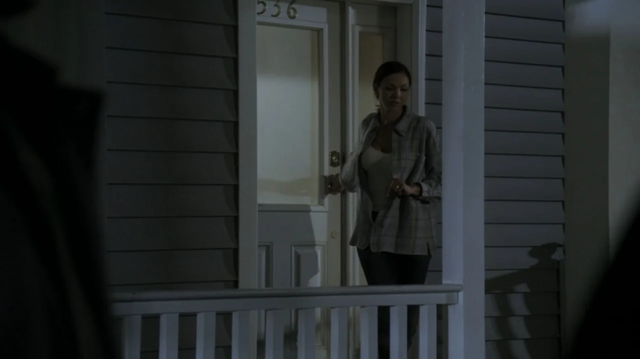 The Shepherd (2023) movie still: medium — A woman stands on the wooden porch of a house at night. She is reaching for the front door handle to enter.