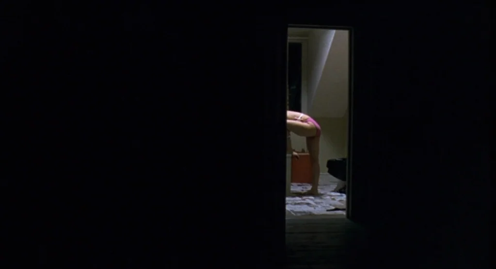 Morvern Callar (2002) movie still: wide — A dark, unlit room overlooks a doorway leading into a brightly lit space. A woman in a bikini is partially…