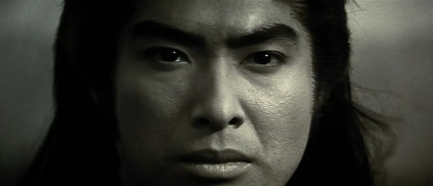 Lone Wolf and Cub: Baby Cart in Peril (1972) movie still: closeup — A field in black and white with a soft, natural daylight background. The subject…