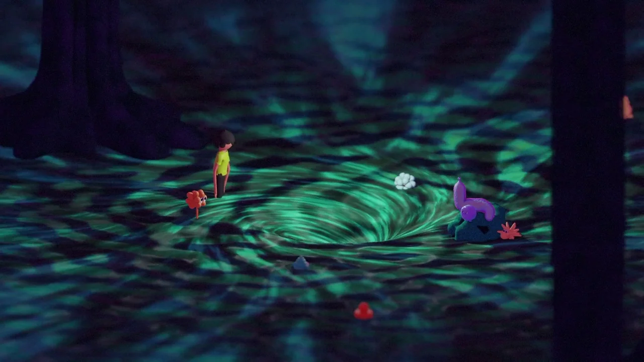 Boys Go To Jupiter (2024) movie still: wide — A dark, textured watery area features a glowing turquoise vortex at its center. A small stylized human…