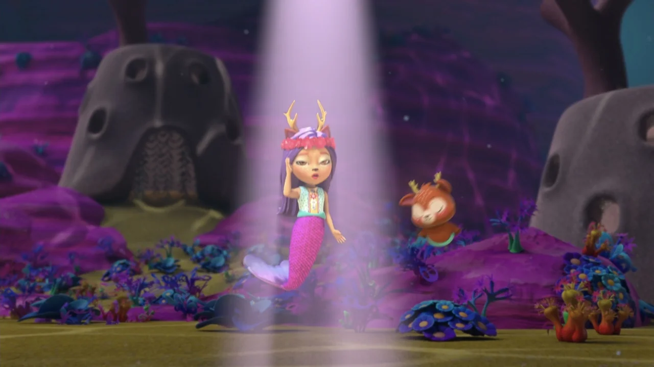 Enchantimals - Ocean Kingdom (2023) movie still: medium — An underwater environment features rounded dark rock formations and colorful glowing…