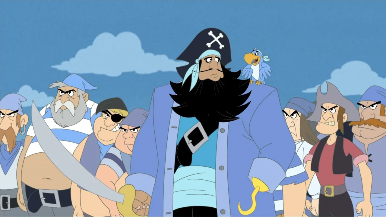 Tom and Jerry: Shiver Me Whiskers (2006) movie still: fullbody — A group of stylized cartoon pirates stand together on an open deck against a blue…