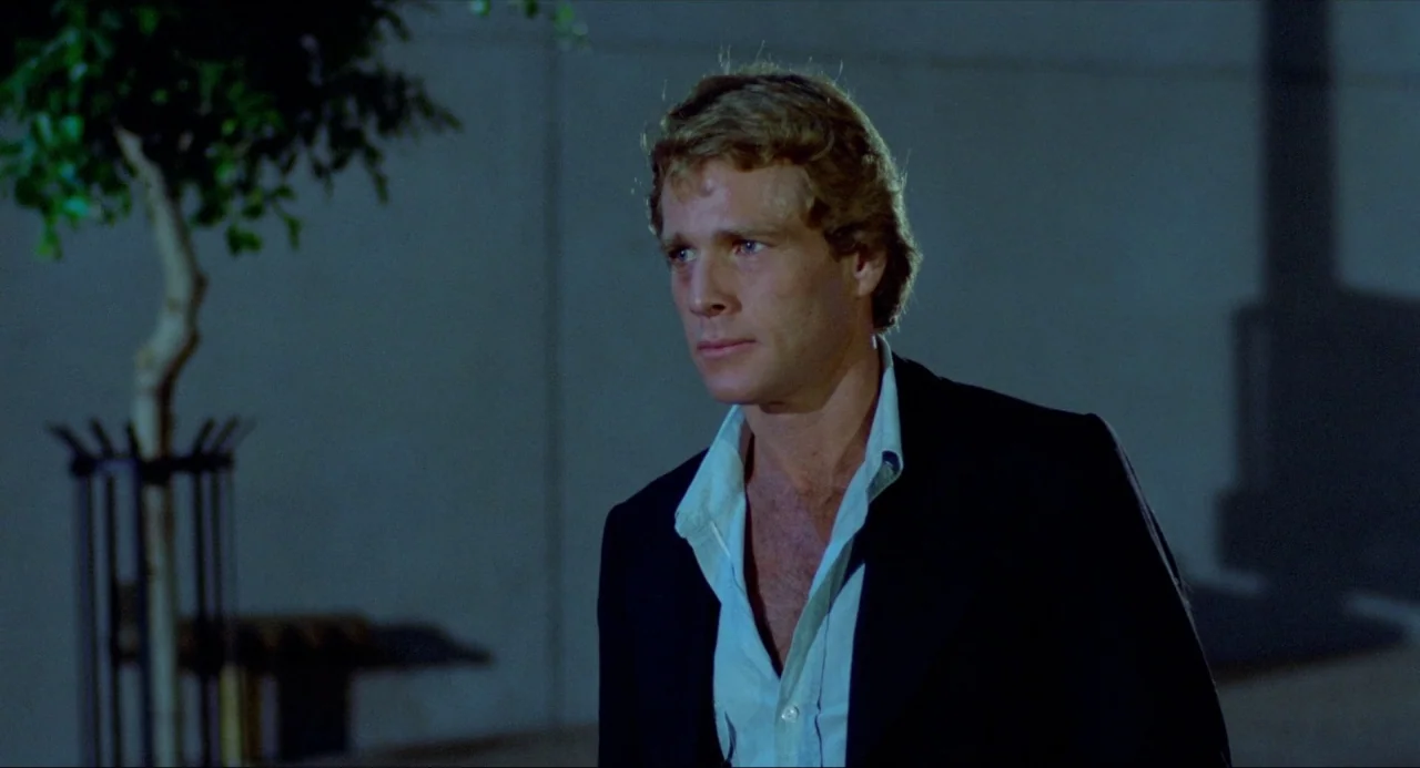The Driver (1978) movie still: medium — A night exterior showing a man standing in front of a concrete wall. A potted tree is visible to his left.