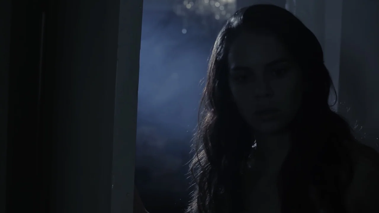 Still Life (2013) movie still: closeup — A dimly lit room interior features a doorway obscured by thick blue fog. A woman with long hair stands in…