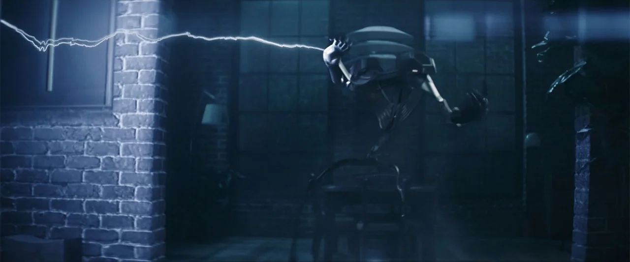 M3GAN 2.0 (2025) movie still: medium — A dark brick loft interior with a window backdrop during a storm. A floating robotic creature generates a…