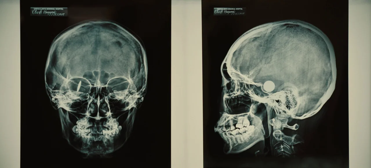 Nope (2022) movie still: medium — Two radiographic skull scans are mounted on an illuminated medical viewing panel. The left image provides a…
