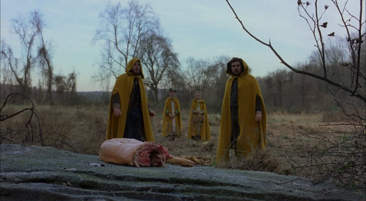 The Village (2004) movie still: wide — An open winter meadow with dead trees and frosted grass under a twilight sky. Two adult men in yellow cloaks…