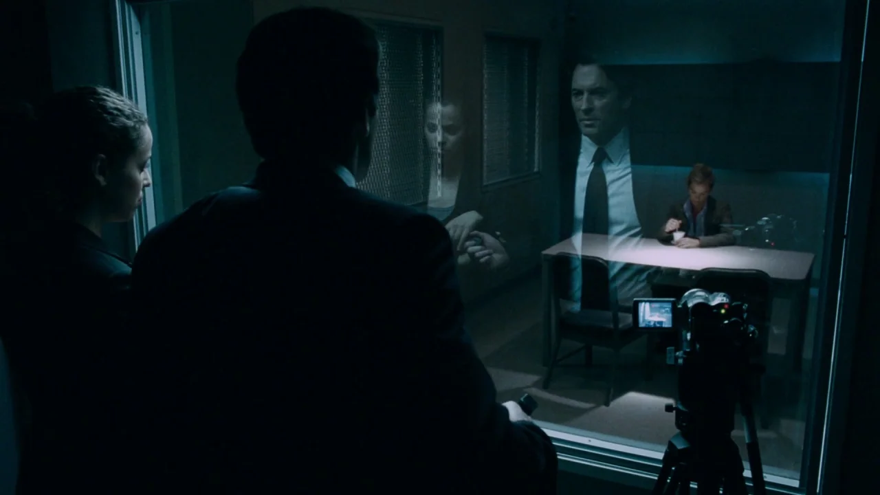 Saw IV movie still: medium — An observation room with dark walls overlooks a brightly lit white-walled interrogation space. Two figures watch a…