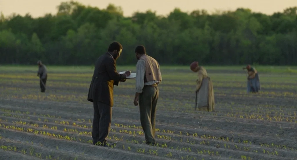 Free State of Jones (2016) movie still: fullbody — An open agricultural field at sunset with rows of small crops visible. Two men stand in the…