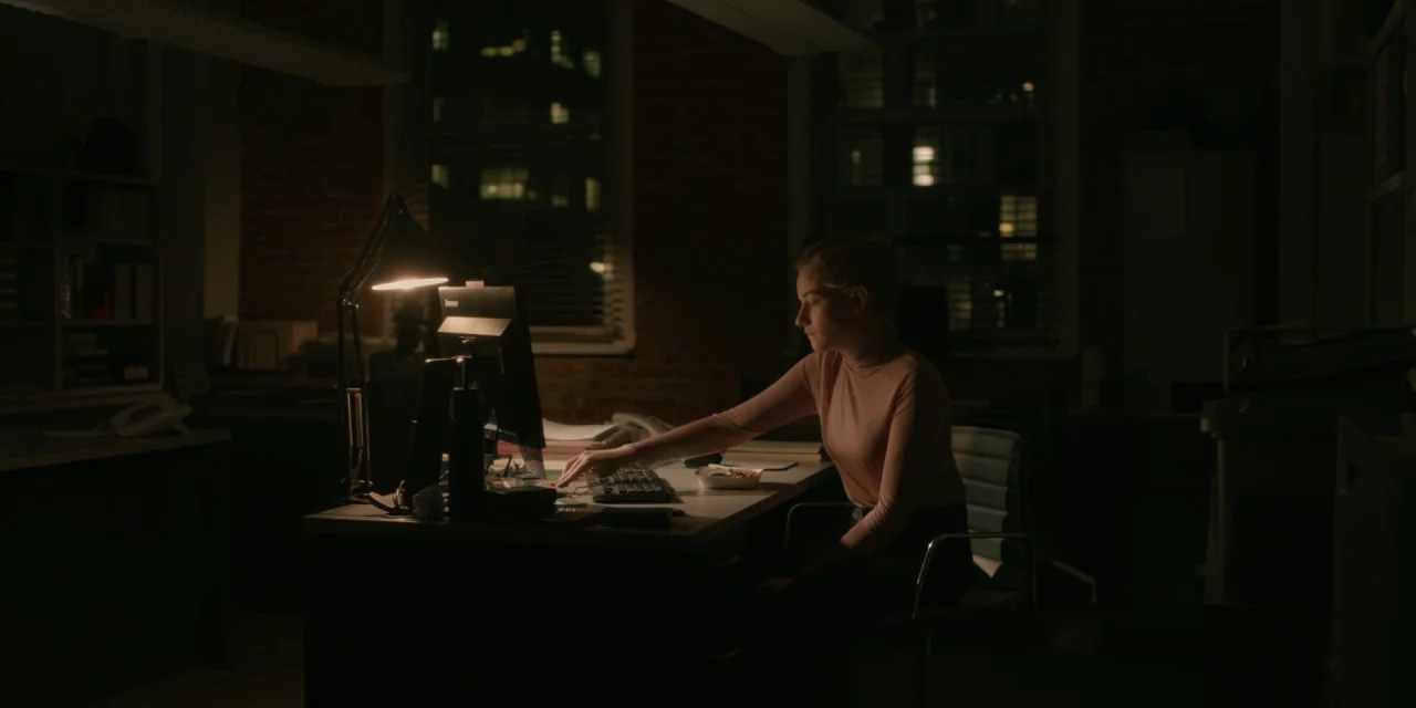 The Assistant (2019) movie still: medium — A dark office at night features a single illuminated workstation with brick walls visible. A young woman…