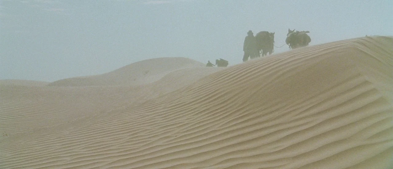 Renegade (2004) movie still: wide — Expansive sand dunes with rippled textures stretch across the frame under a pale sky. A person leads pack…