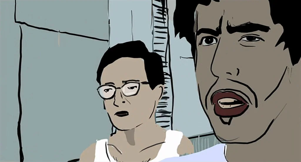 Waking Life (2001) movie still: medium — A flat-shaded rotoscoped interior environment with light blue walls and stark black line work. Two men…