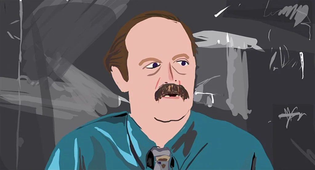 Waking Life (2001) movie still: medium — A man stands in front of a dark chalkboard covered in white chalk scribbles. The man wears a blue shirt and…