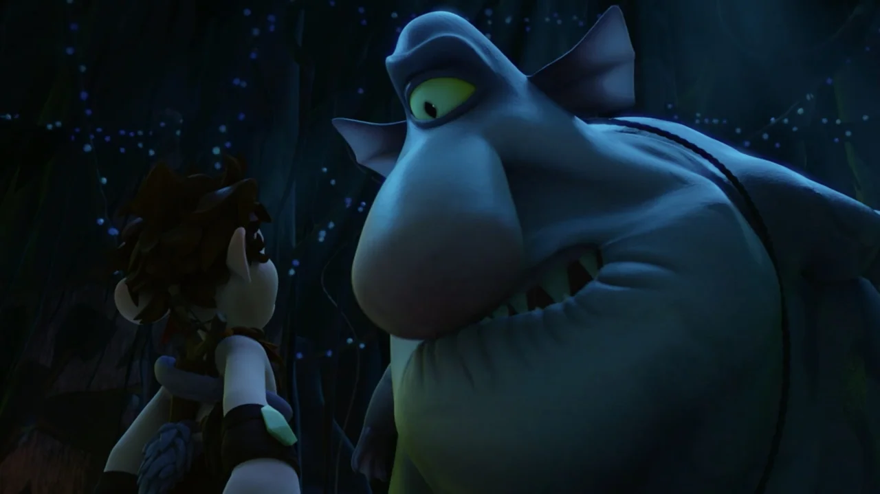 Troll: The Tale of a Tail (2018) movie still: medium — A dark, forested environment contains glowing points of light behind the main figures. A…