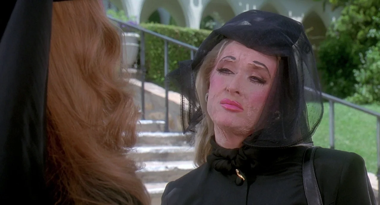 Death Becomes Her (1992) movie still: medium — A stone staircase with a wrought-iron railing sits behind a woman in a veil. The woman wears black…