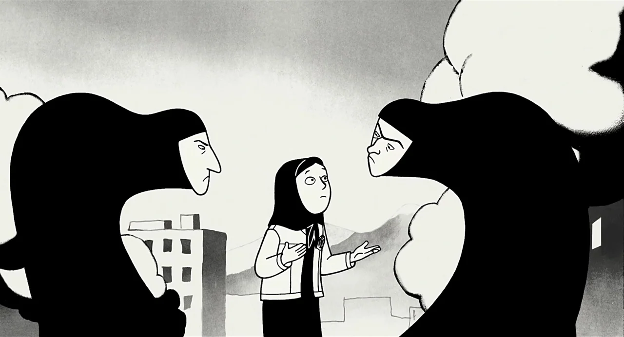 Persepolis (2007) movie still: medium — A grayscale outdoor urban environment featuring stylized building silhouettes and distant hills. Two…