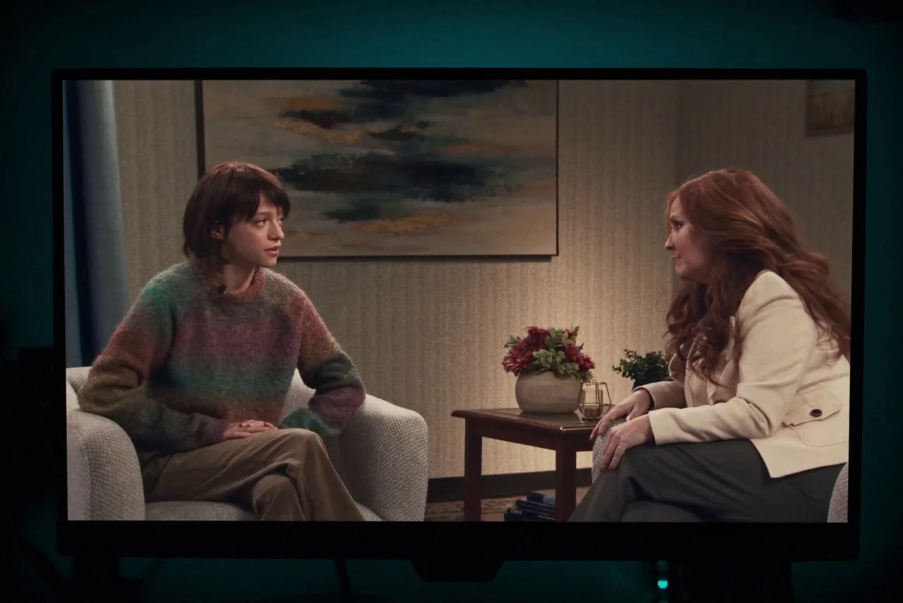 Red Rooms (2023) movie still: medium — A calm, professional setting features two women seated in chairs facing each other. An abstract painting…