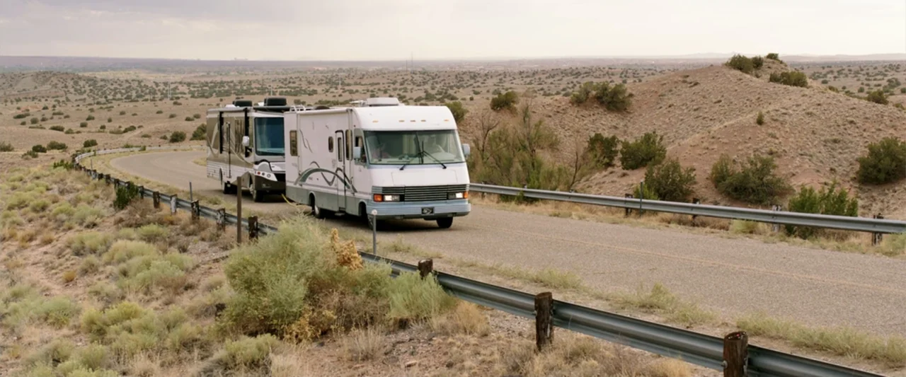 We're the Millers (2013) movie still: wide — A remote desert road snakes through arid hills covered in sparse green shrubs. Two large motorhomes…