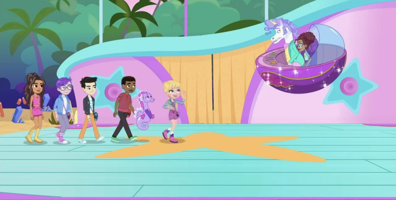Polly Pocket Sparkle Cove Adventure (2023) movie still: wide — A vibrant playground with stylized palm trees and a large pink curved structure…