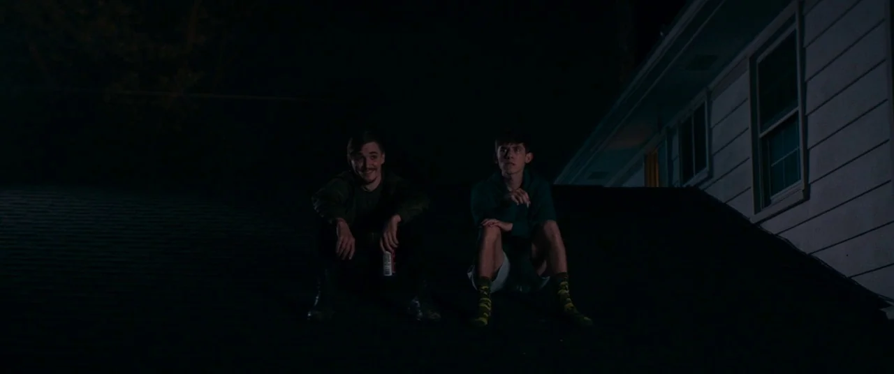 Dinner in America (2020) movie still: wide — Two men sit side by side on a dark shingled residential roof at night. The side of a light-colored…