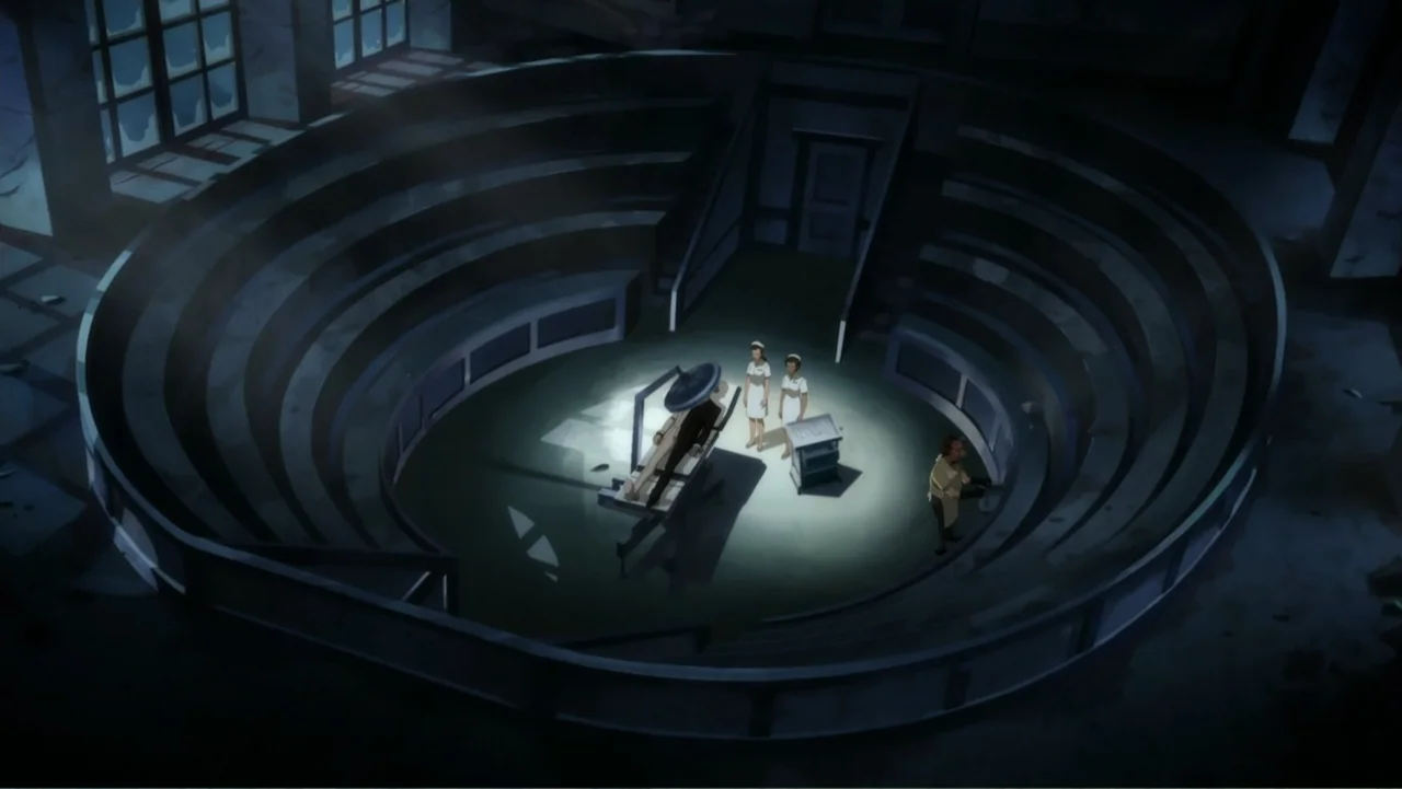 Suicide Squad: Hell to Pay (2018) movie still: wide — A circular medical amphitheater is dimly lit by light filtering through high windows. Two…
