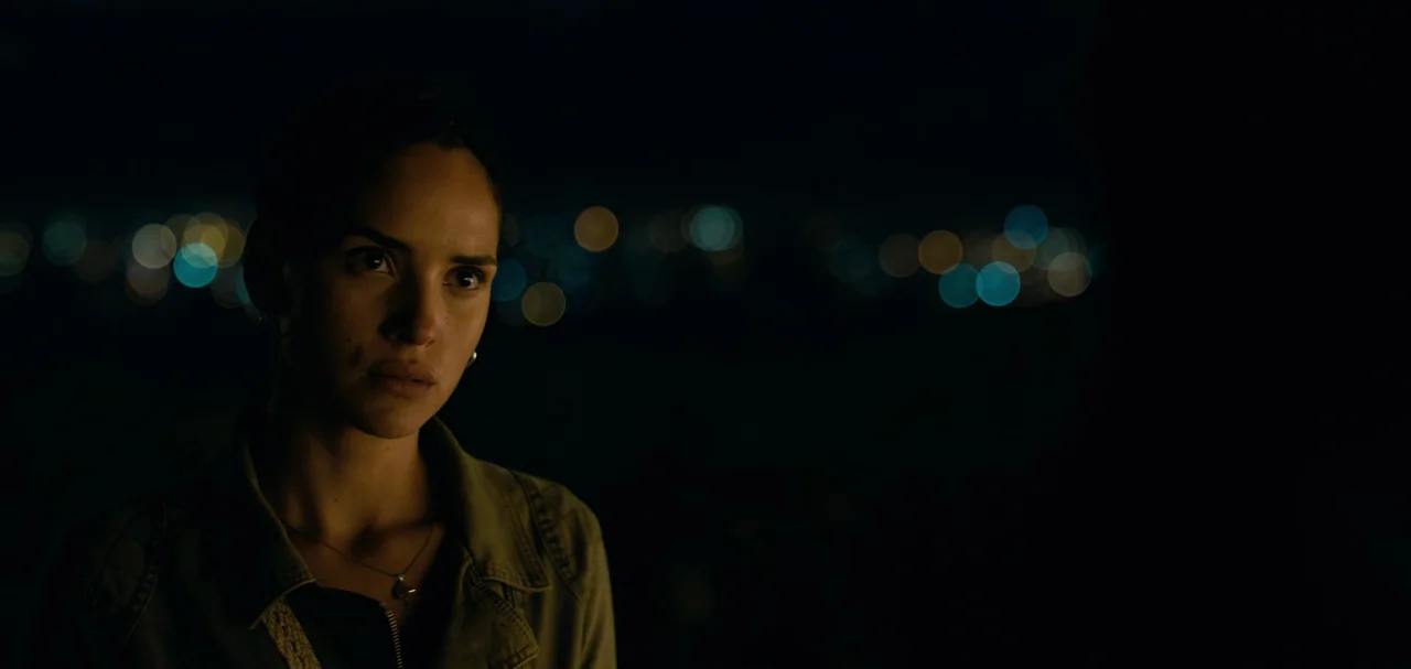 Triple Frontier (2019) movie still: closeup — A woman stands on a rooftop at night with city lights out of focus. She looks towards the left side of…