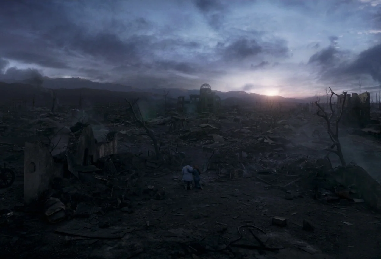 Eternals (2021) movie still: wide — A vast, smoldering landscape filled with debris and collapsed structures under a dark sky. Two figures kneel…