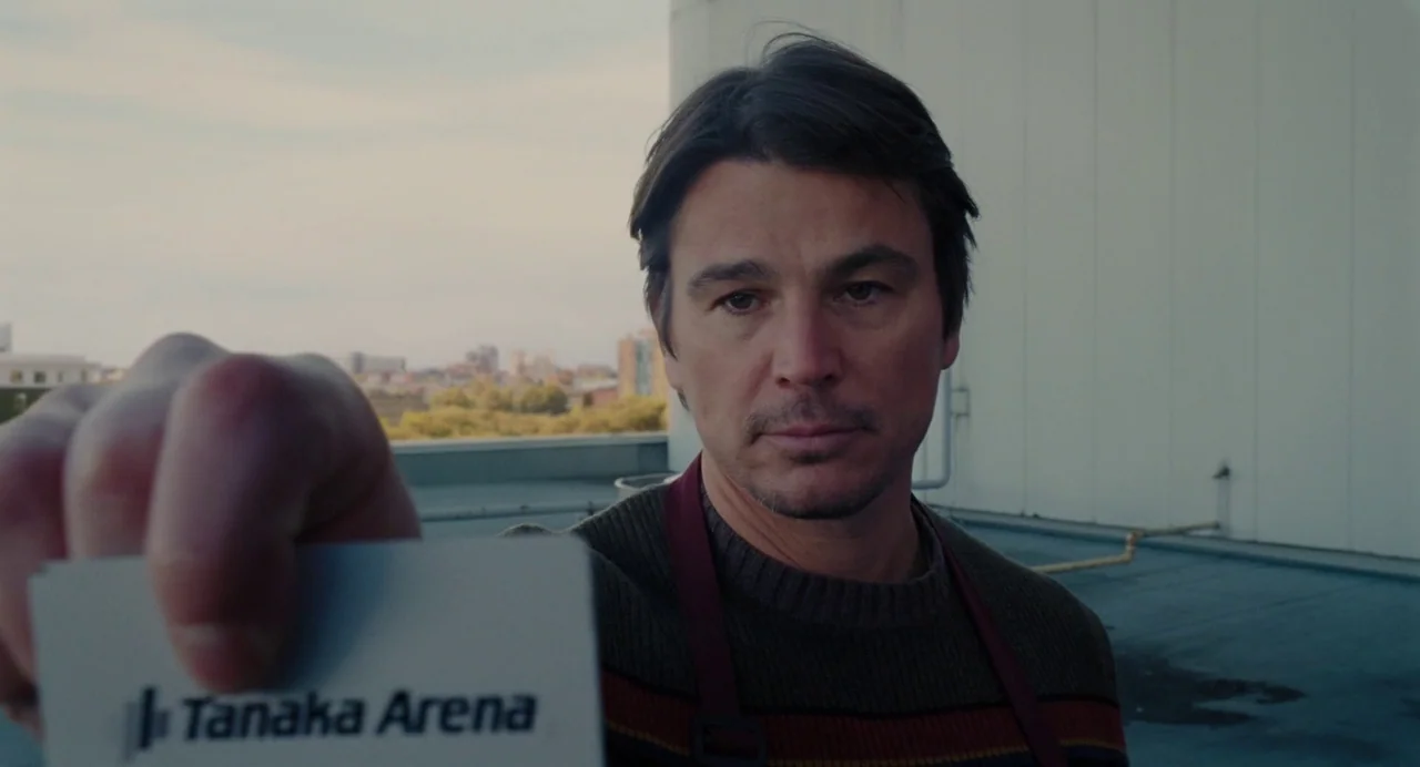 Trap (2024) movie still: closeup — A rooftop terrace overlooks an urban skyline with a flat wall in the background. A man holds a business card…