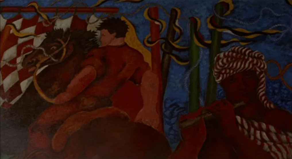 Light Sleeper (1992) movie still: medium — A mural depicting a man on horseback beside a flute player. Vivid painted figures contrast against a dark…