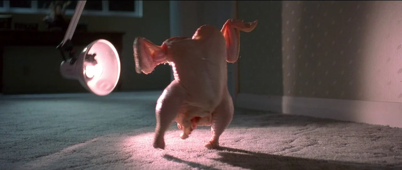 The Frighteners (1996) movie still: medium — An empty room with a light-colored carpet and a wall in shadow. A raw whole chicken is positioned on…