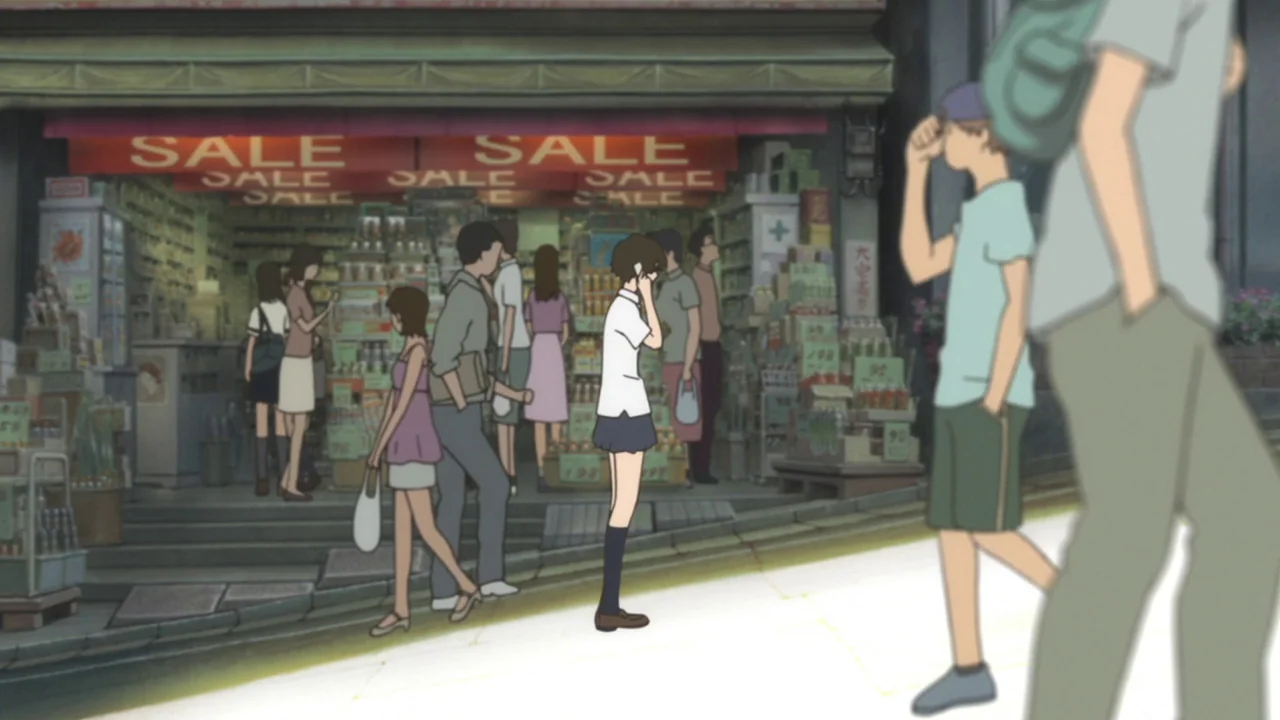 The Girl Who Leapt Through Time (2006) movie still: wide — A group of pedestrians walk past a retail shop displaying sale signs in windows. A young…
