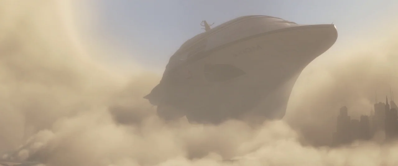 Wall-E (2008) movie still: establishing — A gargantuan white spacecraft labeled Axiom drifts through a dense golden planetary atmosphere. Massive…
