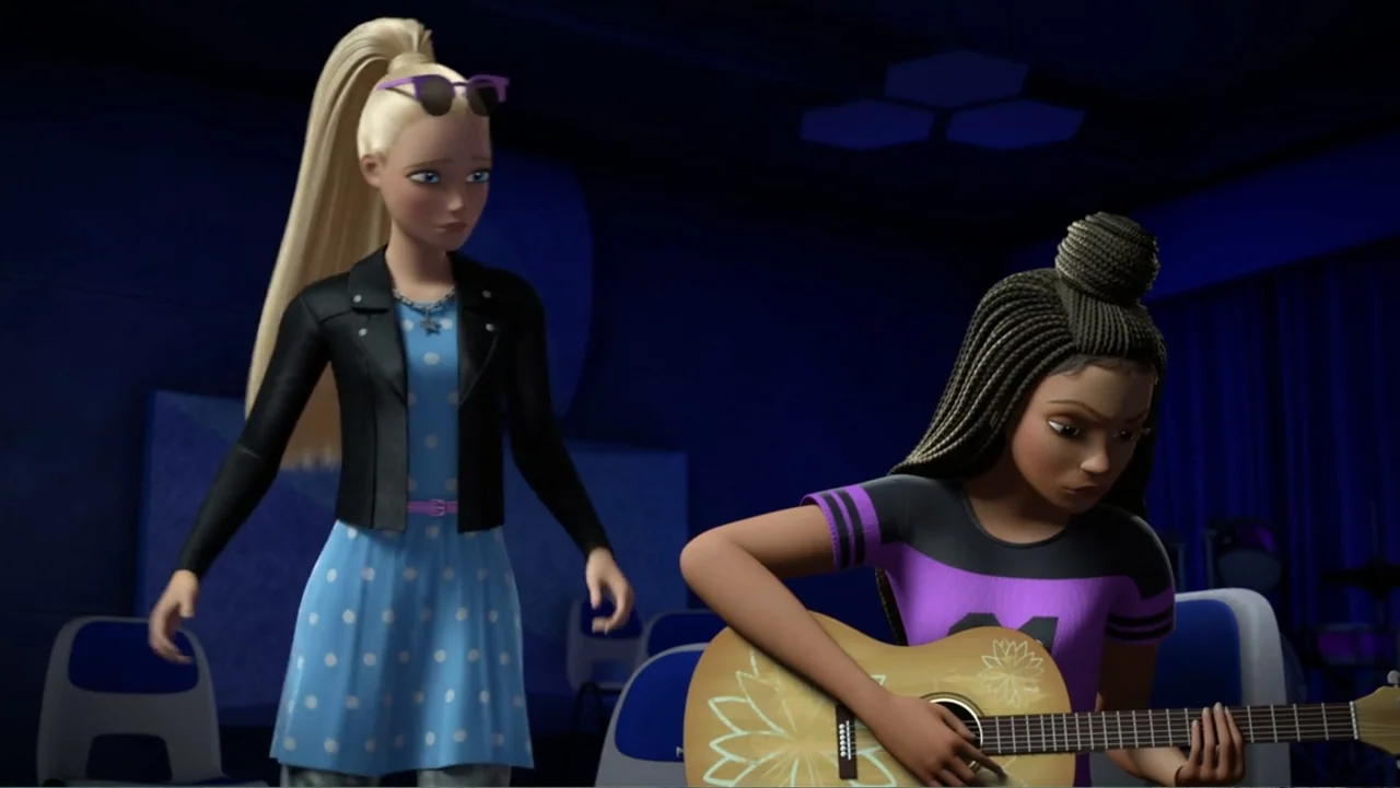 Barbie: Big City, Big Dreams (2021) movie still: medium — A dark practice room features blue walls and seats arranged in rows. A blonde girl stands…