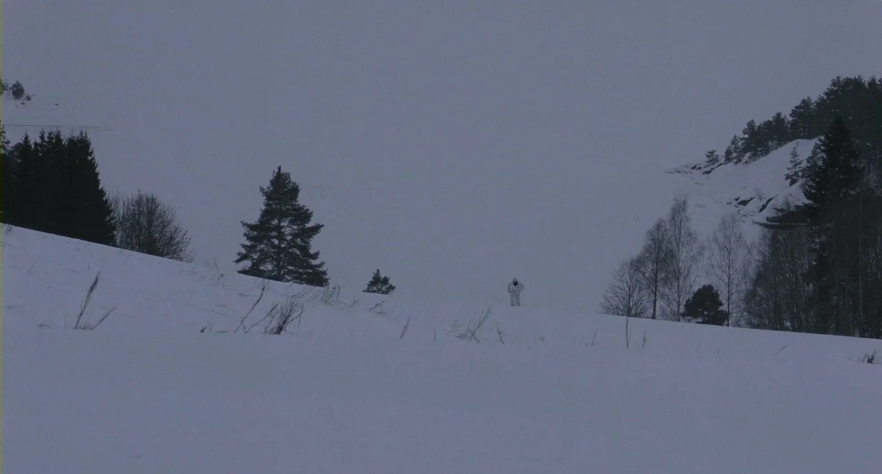 Essential Killing (2010) movie still: wide — A vast, snow-covered landscape extends under a gray overcast sky with distant dark trees. A single…