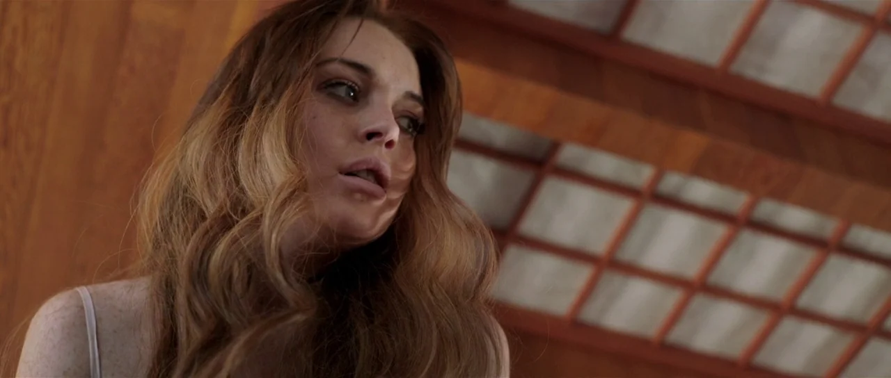 The Canyons (2013) movie still: closeup — The setting includes wooden beams and a grid-patterned window or wall structure above. A young woman with…