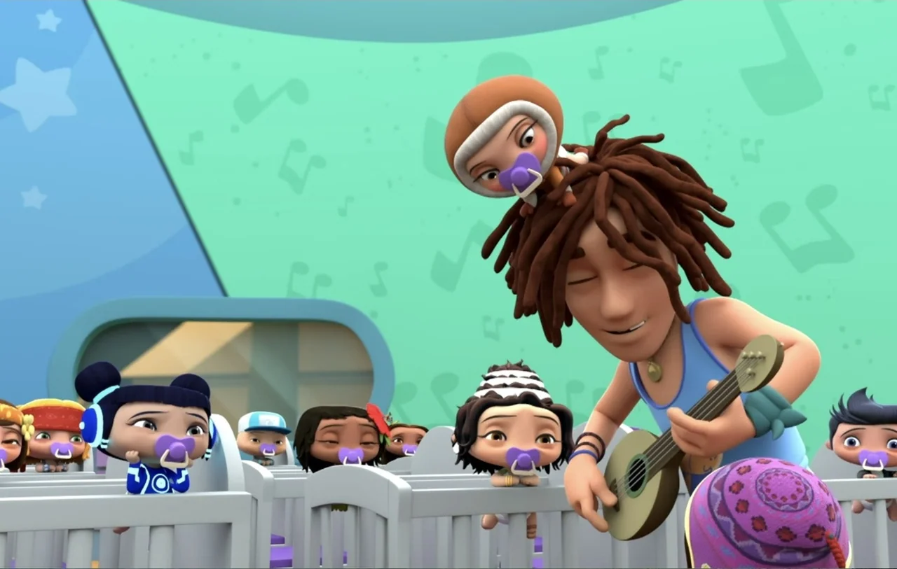 Mini Beat Power Rockers: The Movie (2022) movie still: medium — A brightly colored nursery features pastel green walls decorated with stylized…