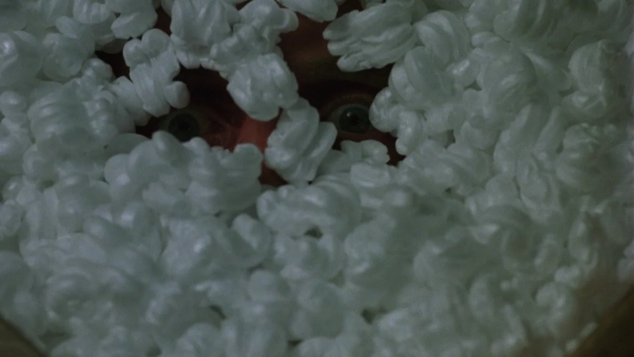 Bride of Reanimator (1989) movie still: closeup — A pile of white styrofoam packing peanuts fills the foreground and midground. The eyes of a man…