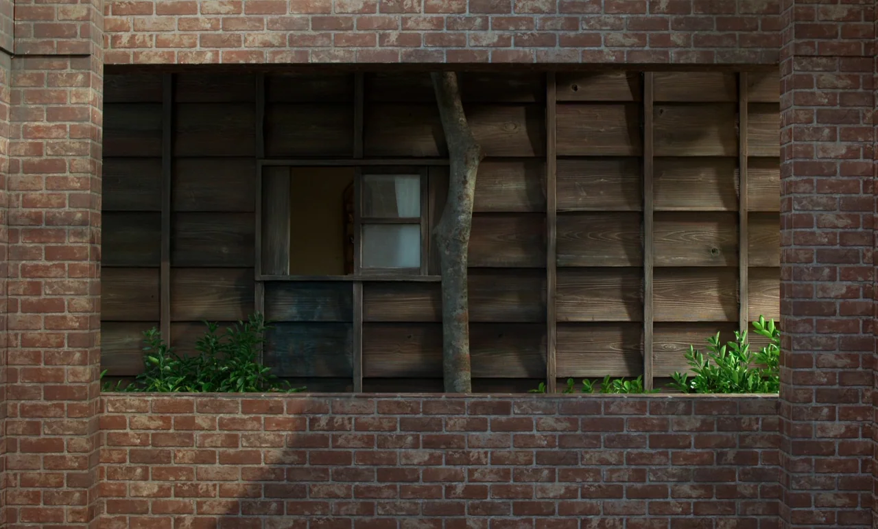 Like Someone In Love (2012) movie still: establishing — A wooden wall with a window sits behind a brick wall in a courtyard. A tree trunk grows…
