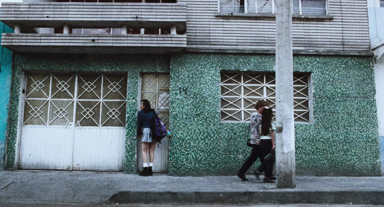Amores Perros (2000) movie still: wide — A residential building exterior features walls covered in small green mosaic tiles. A young woman waits at…