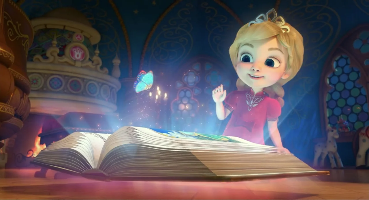 The Princess and the Dragon (2018) movie still: medium — A magical nursery features stylized arched windows and a glowing open book on the floor. A…